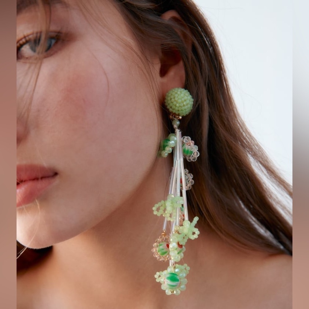 ZARA GREEN BEADED LONG DROP EARRINGS BRAND NEW WITH TAGS UNOPENED PACKAGING